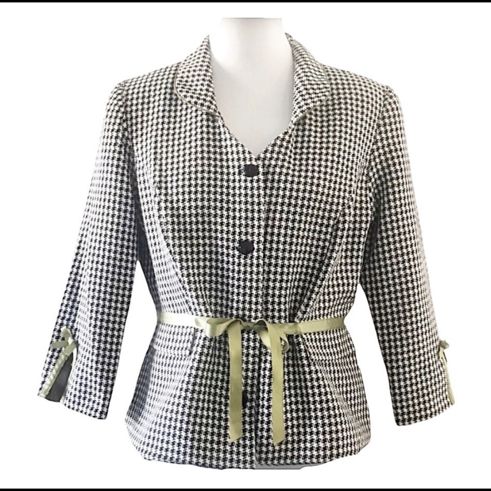 Vintage Sangria Houndstooth Ribbon Waist Tie Piping Lined Blazer Size 12